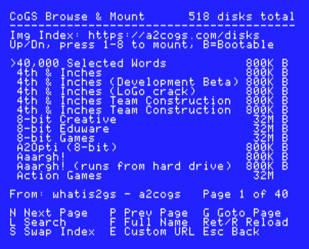 The CoGS Browse & Mount screen
listing disks from this archive on a real Apple IIGS